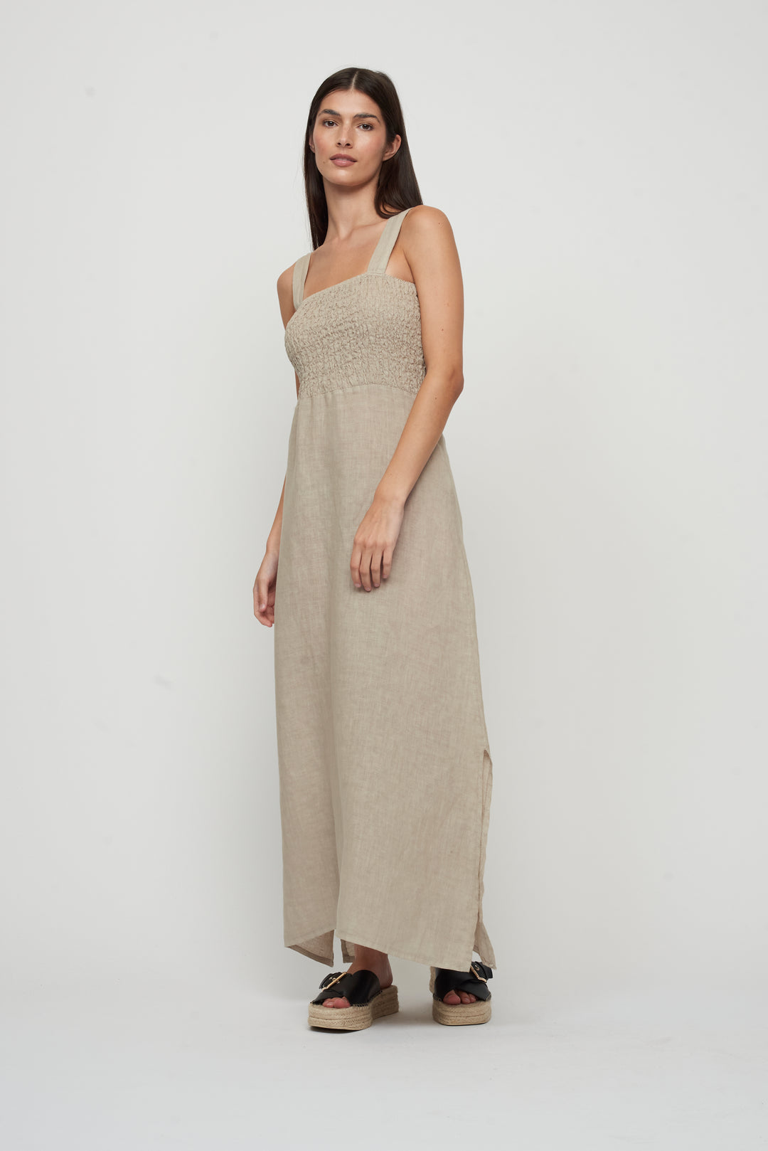 MAXI LINEN BUNCHED TOP SLEEVELESS DRESS (FLAX) - PISTACHE