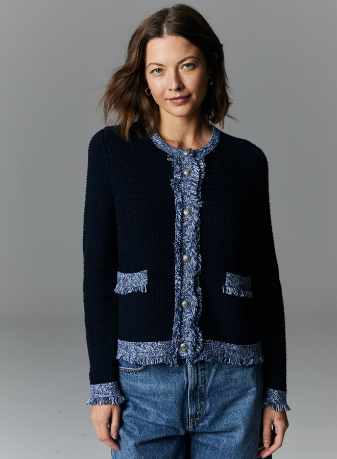 FRINGE TRIMMED CHUNKY JACKET (NAVY COMBO) - AUTUMN CASHMERE