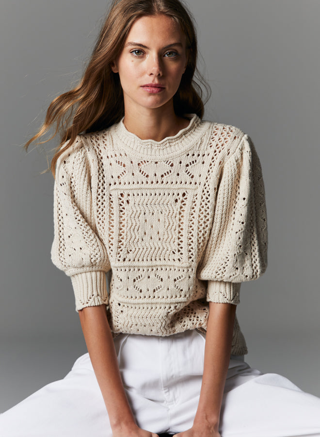 PUFF SLEEVE TILE STITCH MOCK NECK SWEATER - AUTUMN CASHMERE