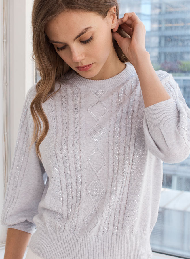 JEWELED PUFF SLEEVE CABLE CREW (PLATINUM) - AUTUMN CASHMERE