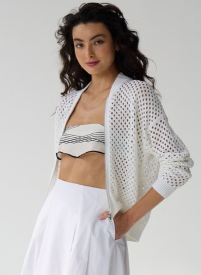 MESH BOMBER CARDIGAN (BLEACH WHITE) - AUTUMN CASHMERE