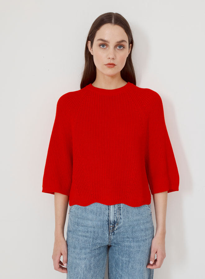 WIDE SLEEVE SCALLOPED EDGE SHAKER CREW (APPLE) - AUTUMN CASHMERE