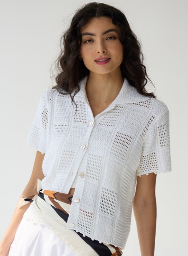 BUTTON UP PATCHWORK STITCH SHIRT (BLEACH WHITE) - AUTUMN CASHMERE