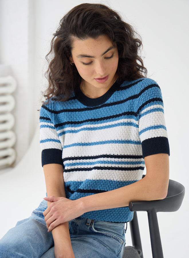 TEXTURE STITCH S/S STRIPE CREW (BLUES COMBO) - AUTUMN CASHMERE