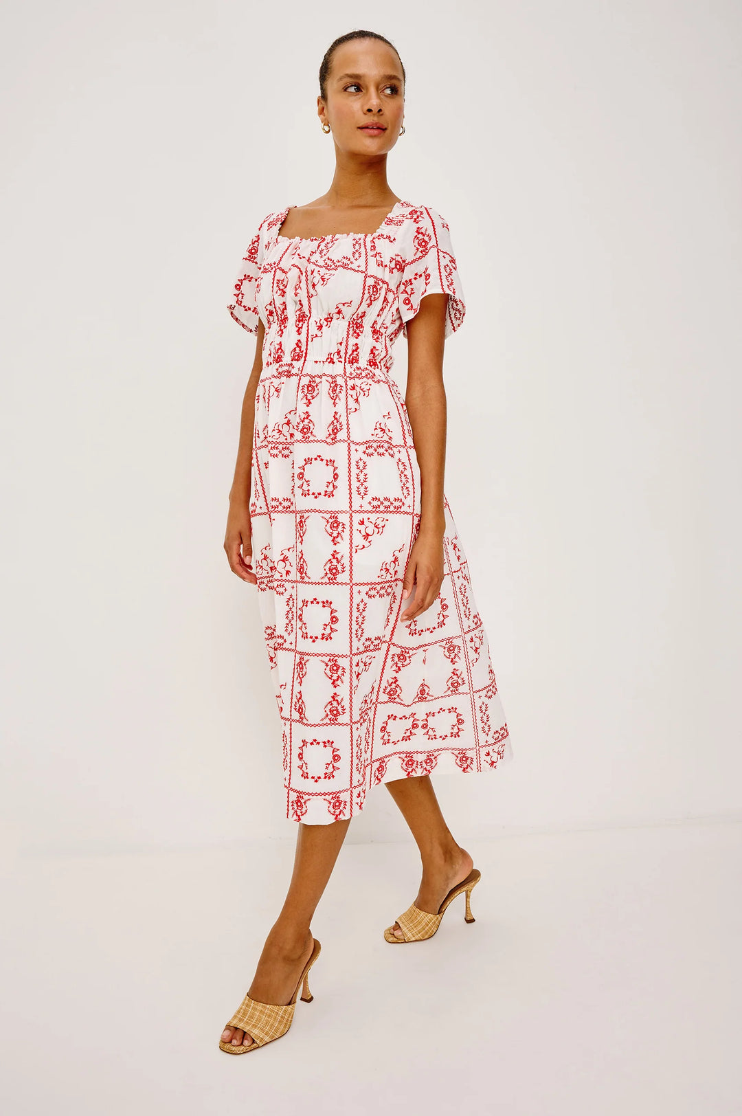 NANETTE MIDI LENGTH DRESS (IVORY RED HANKERCHIEF) - RAILS
