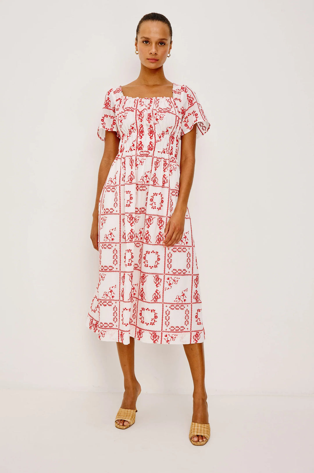 NANETTE MIDI LENGTH DRESS (IVORY RED HANKERCHIEF) - RAILS