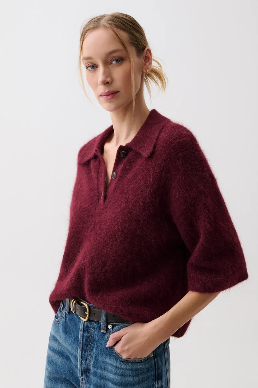 NADYA ALPACA BLEND BOXY POLO SWEATER (CHERRY WINE) - PISTOLA