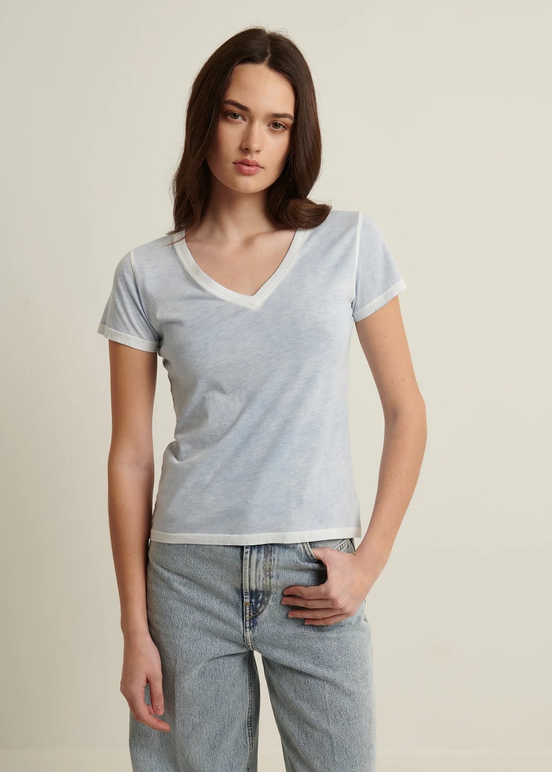 SHORT SLEEVE PIMA CLASSIC REVERSE SPRAY V-NECK (ISLAND BLUE) - PATRICK ASSARAF