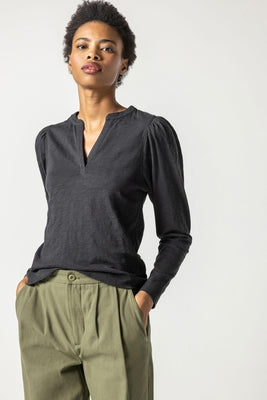 SHIRRED LONG SLEEVE SPLIT NECK TOP (BLACK) - LILLA P