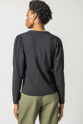 SHIRRED LONG SLEEVE SPLIT NECK TOP (BLACK) - LILLA P