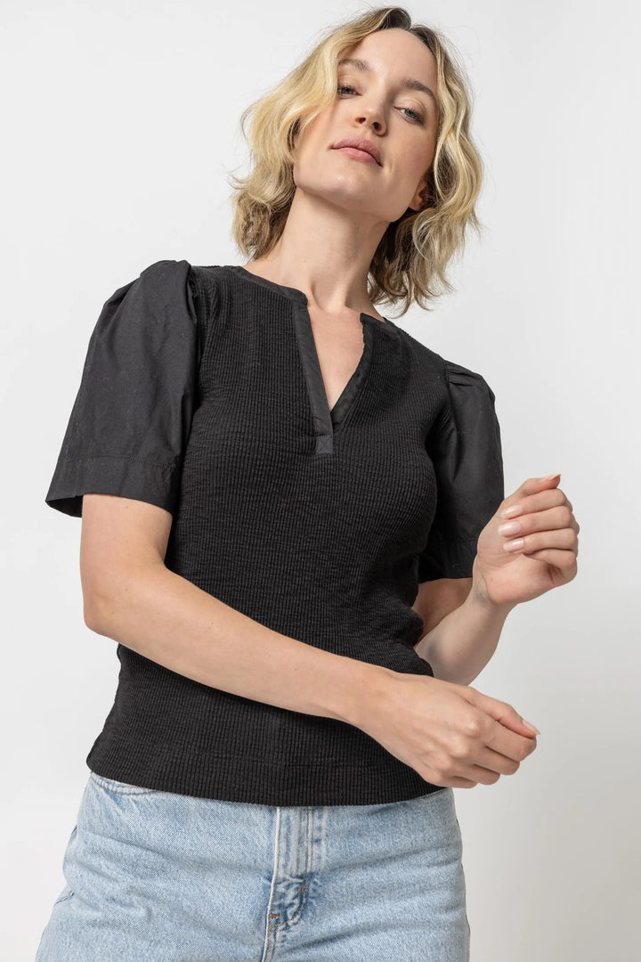 WOVEN SLEEVE SPLIT NECK TOP - LILLA P