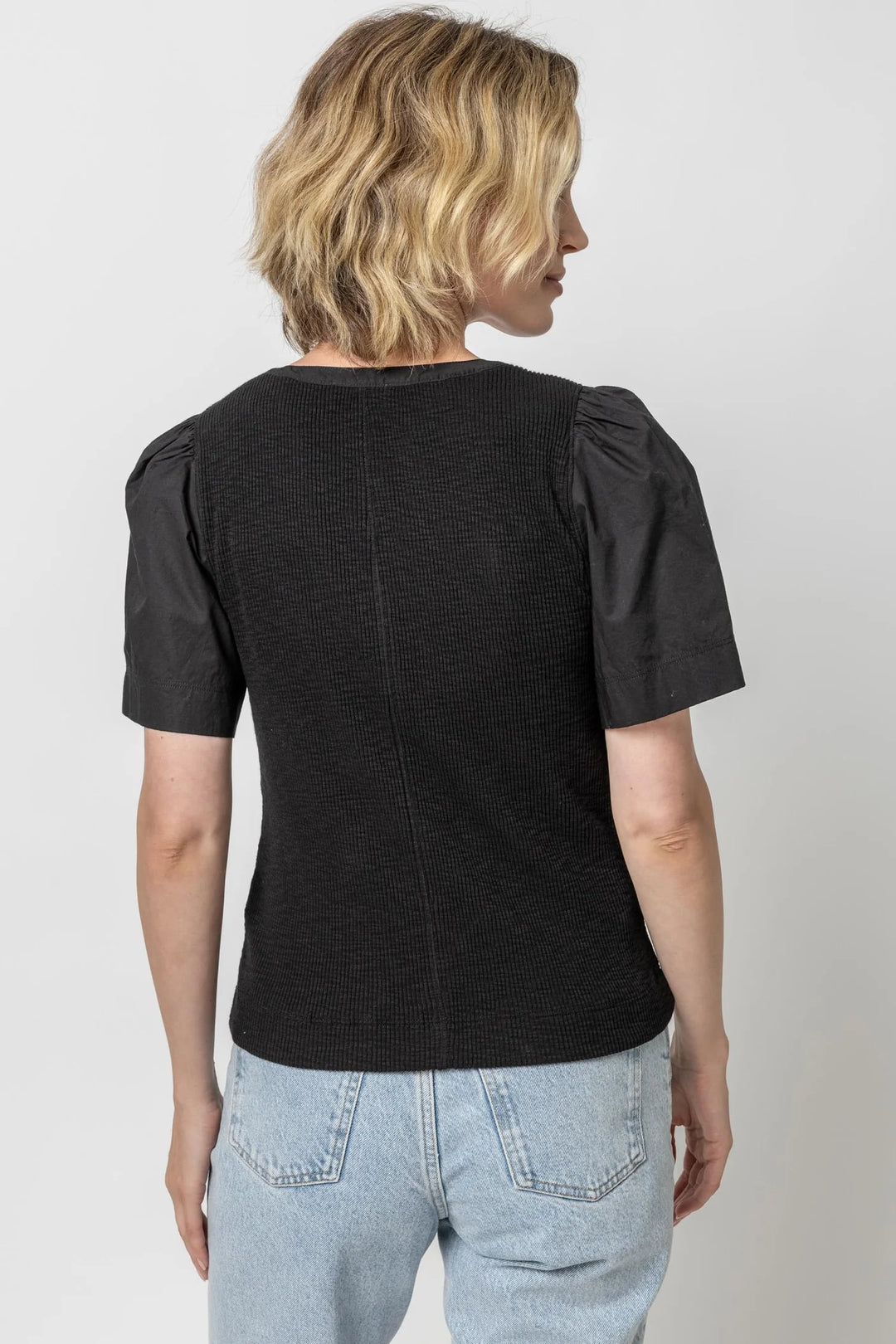 WOVEN SLEEVE SPLIT NECK TOP - LILLA P