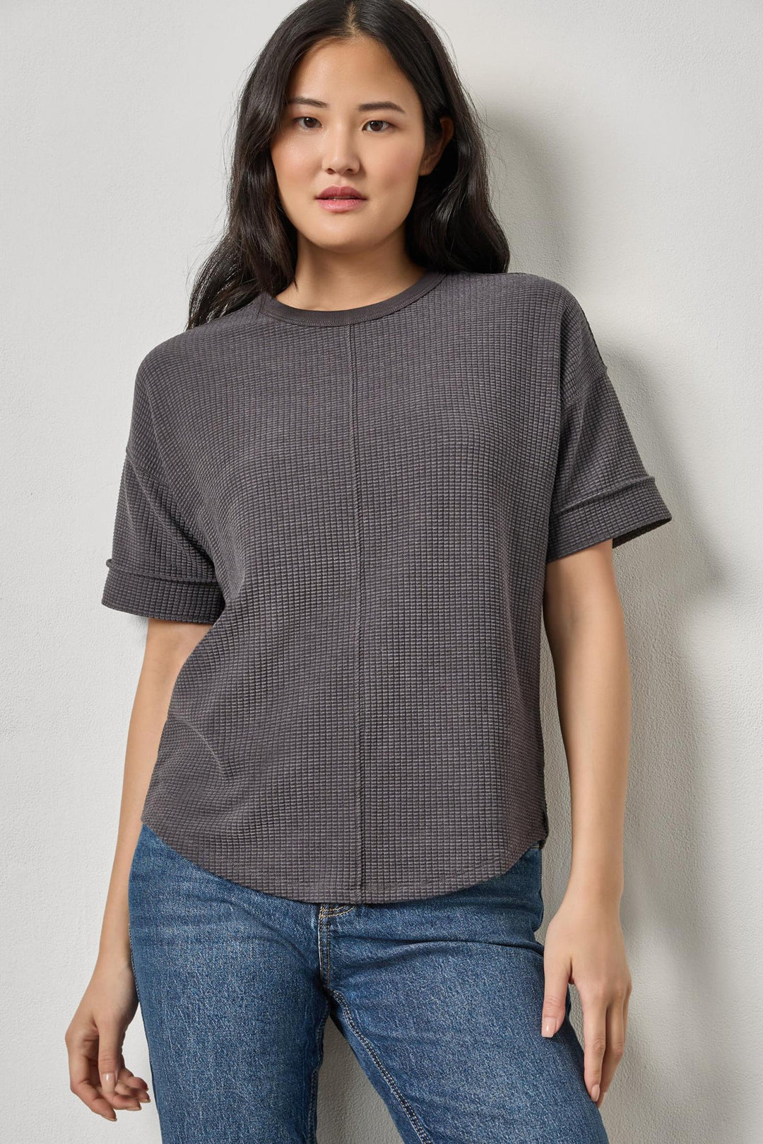 WAFFLE DROP SHOULDER SWEATSHIRT (GRANITE) - LILLA P