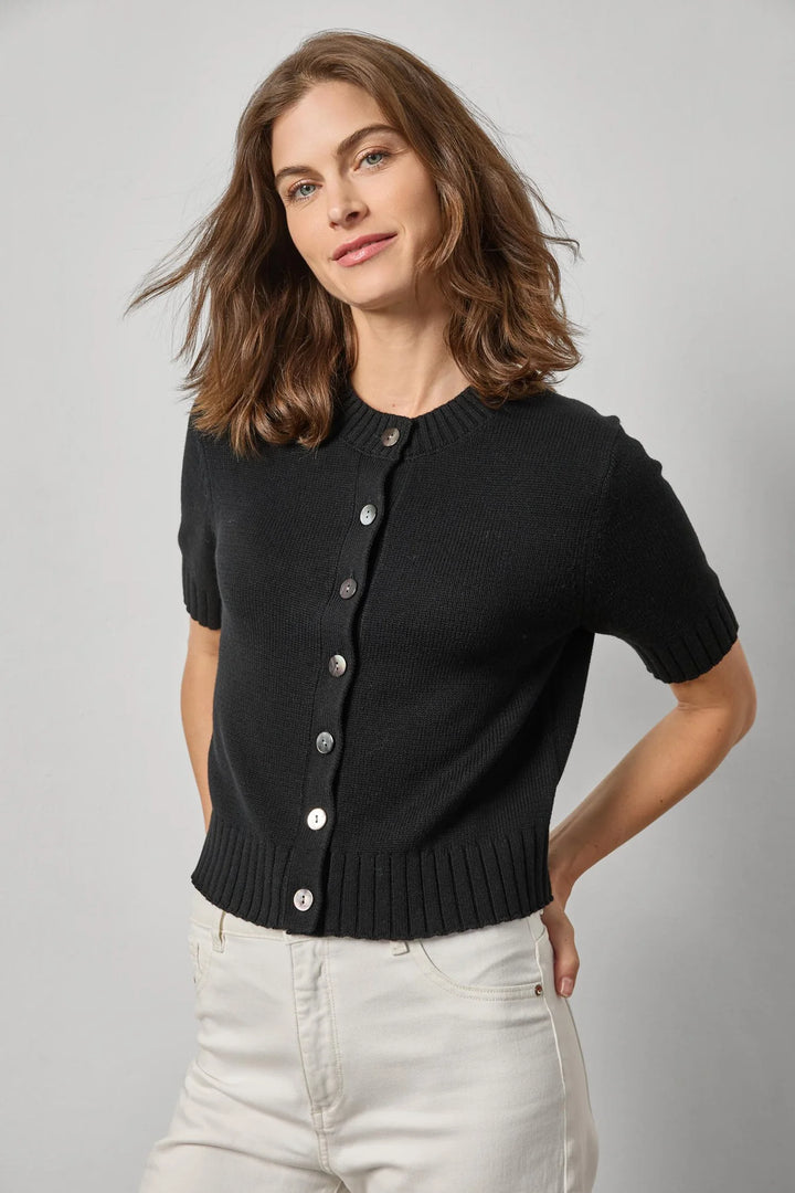 ELBOW SLEEVE BUTTON CARDIGAN (BLACK) - LILLA P