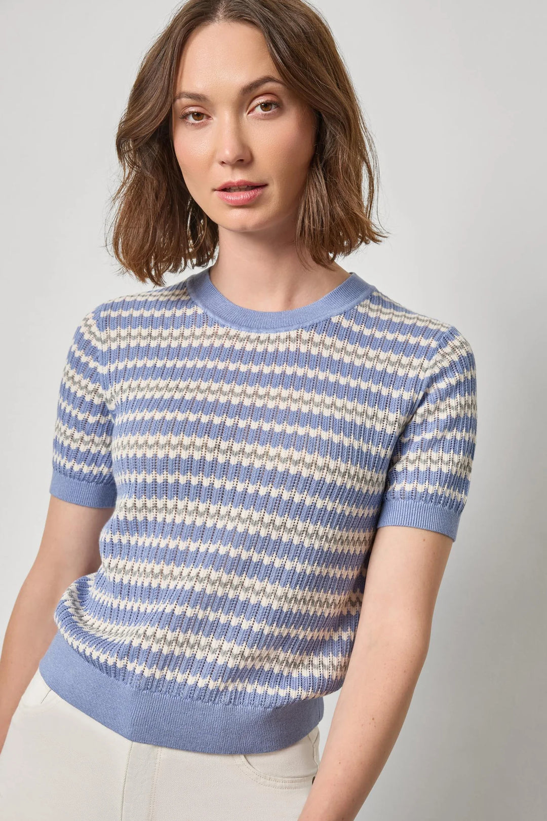 NOVELTY STRIPE CREWNECK SWEATER (HEATHER GREY SCALLOP) - LILLA P