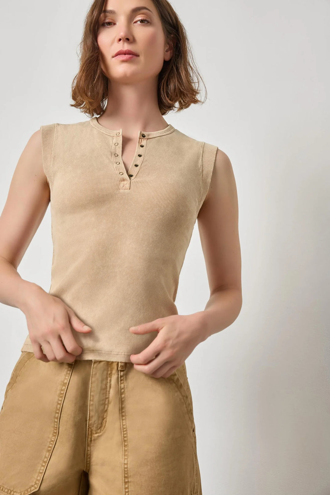 SUNWASHED CAP SLEEVE HENLEY (BURLAP) - LILLA P
