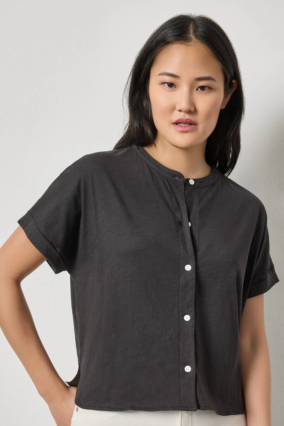 CUFFED SLEEVE DOLMAN BUTTON DOWN (BLACK) - LILLA P