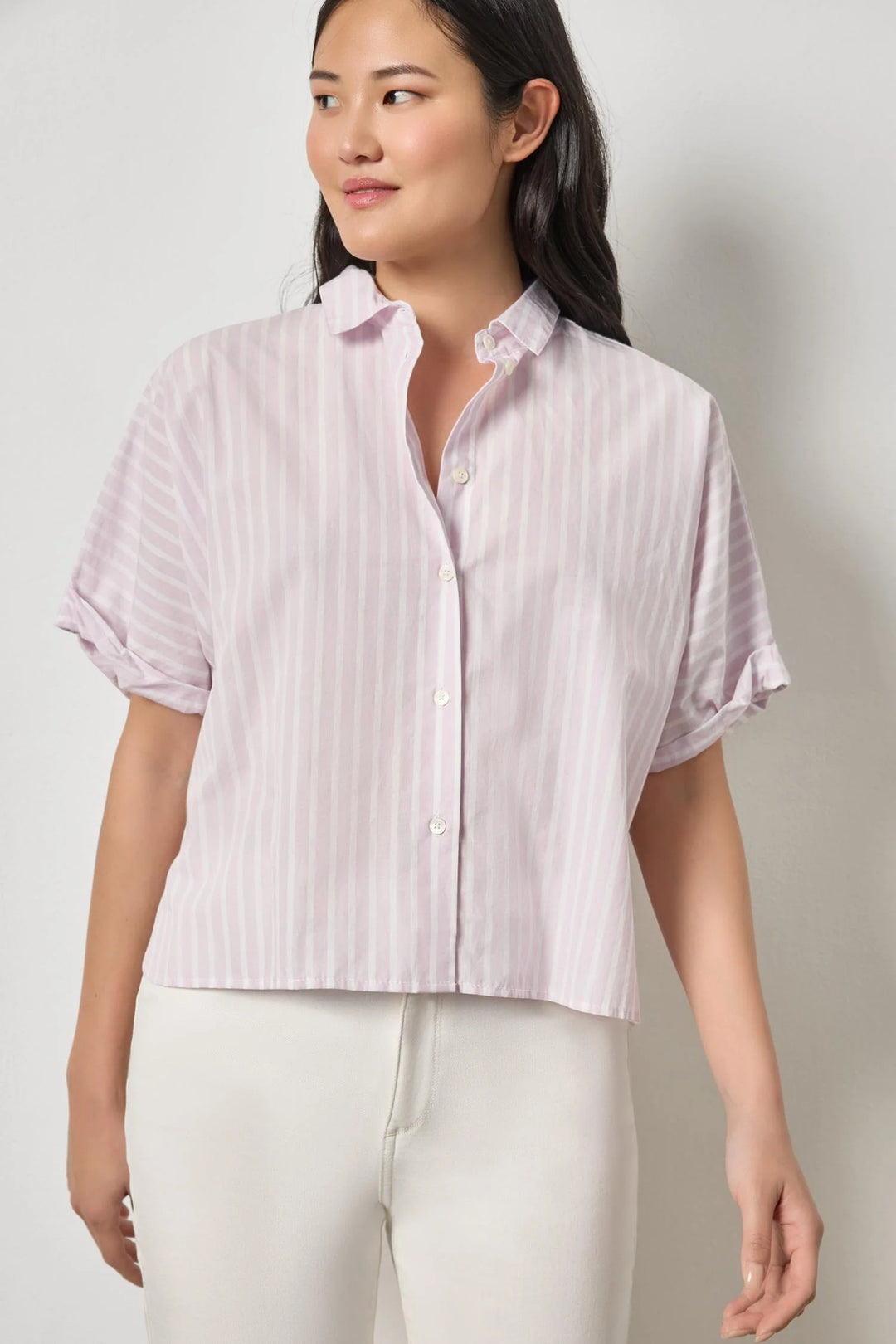 STRIPED OVERSIZED BUTTON DOWN DOLMAN (LAVENDER STRIPE) - LILLA P