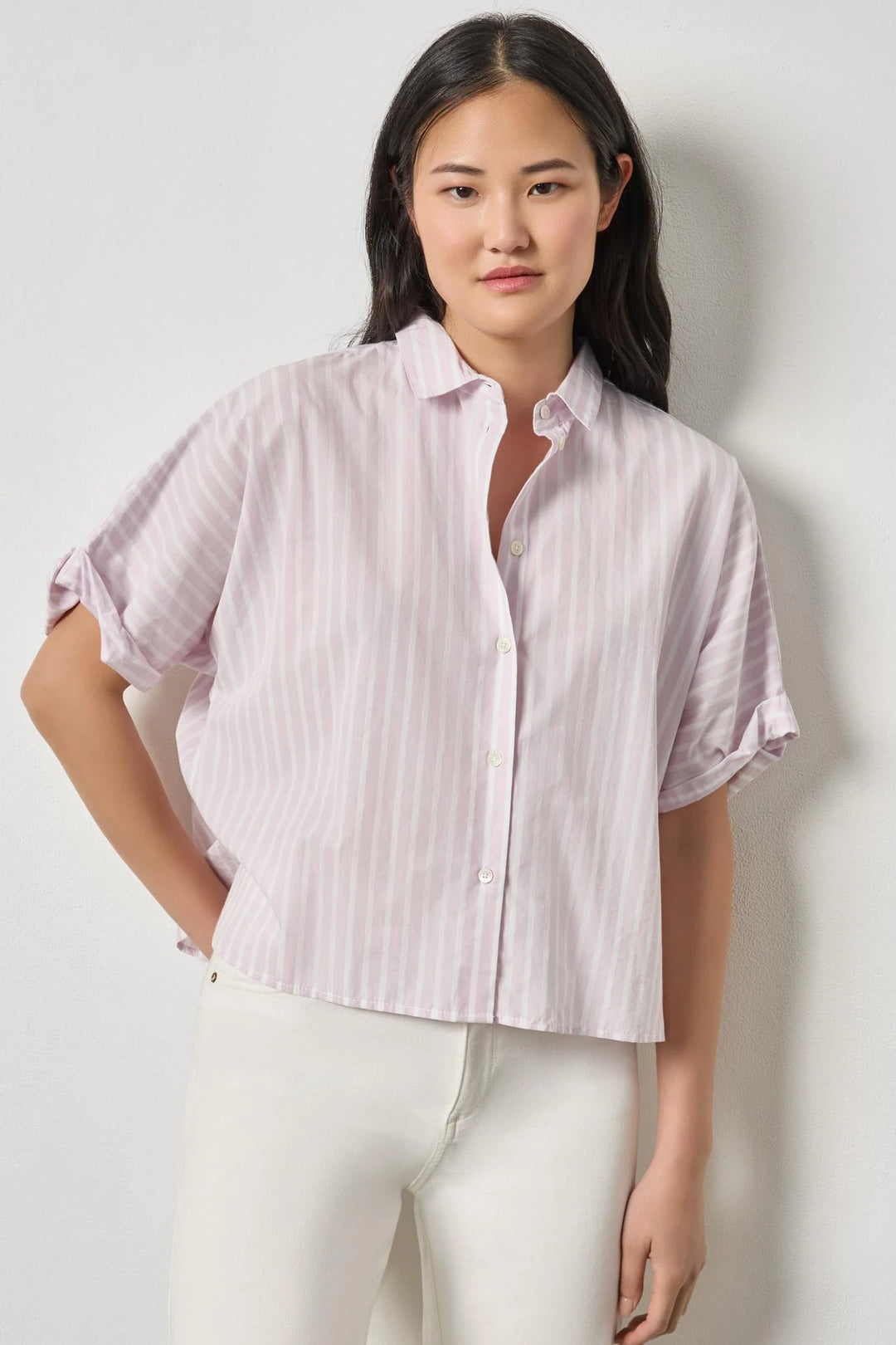 STRIPED OVERSIZED BUTTON DOWN DOLMAN (LAVENDER STRIPE) - LILLA P