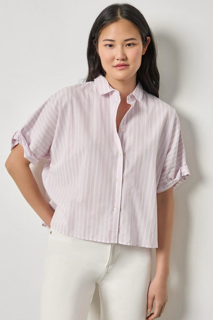 STRIPED OVERSIZED BUTTON DOWN DOLMAN (LAVENDER STRIPE) - LILLA P