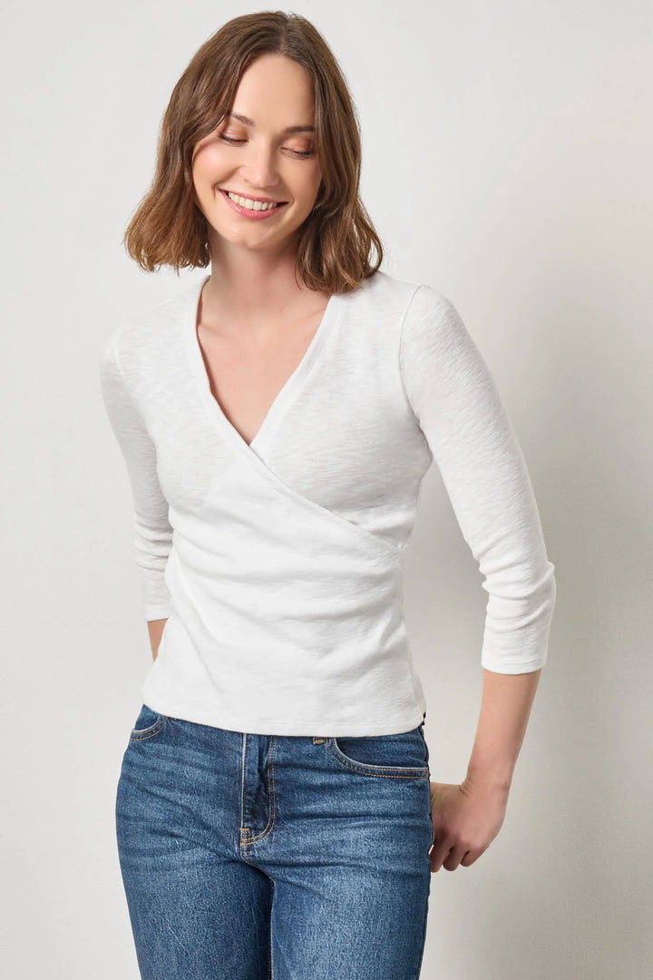 RIBBED SLUB 3/4 SLEEVE SURPLICE (WHITE) - LILLA P