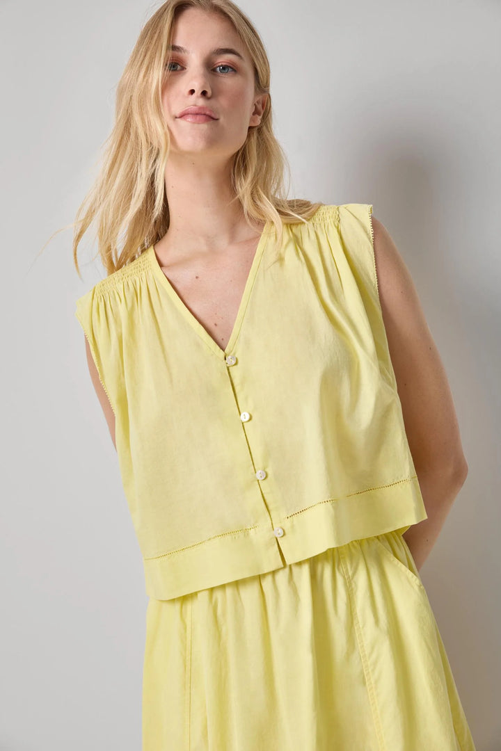 SMOCKED SHOULDER V-NECK (LEMON) - LILLA P