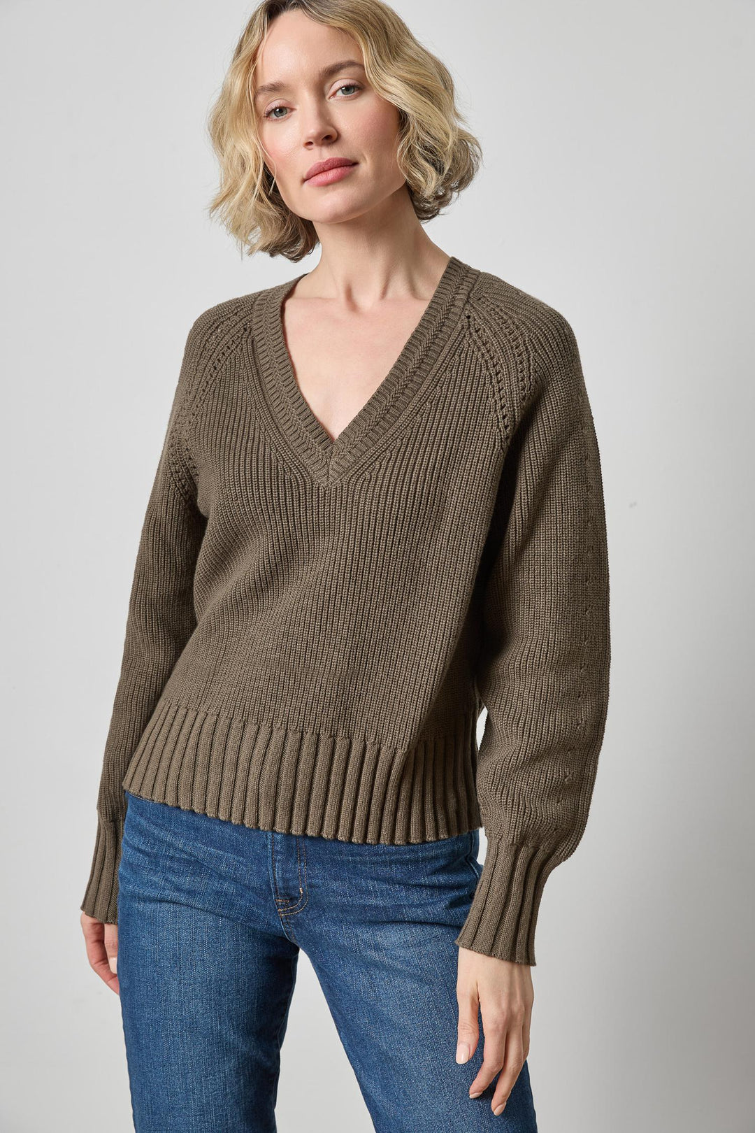 TEXTURED V-NECK SADDLE SWEATER (OLIVE) - LILLA P