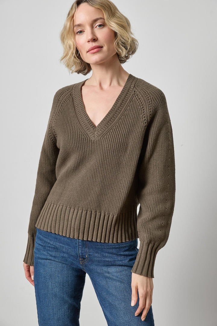 TEXTURED V-NECK SADDLE SWEATER (OLIVE) - LILLA P