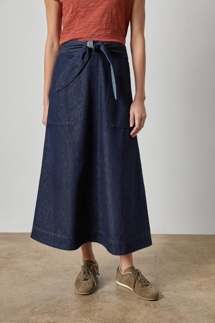 BELTED POCKET FRONT SKIRT (DARK WASH BLUE) - LILLA P
