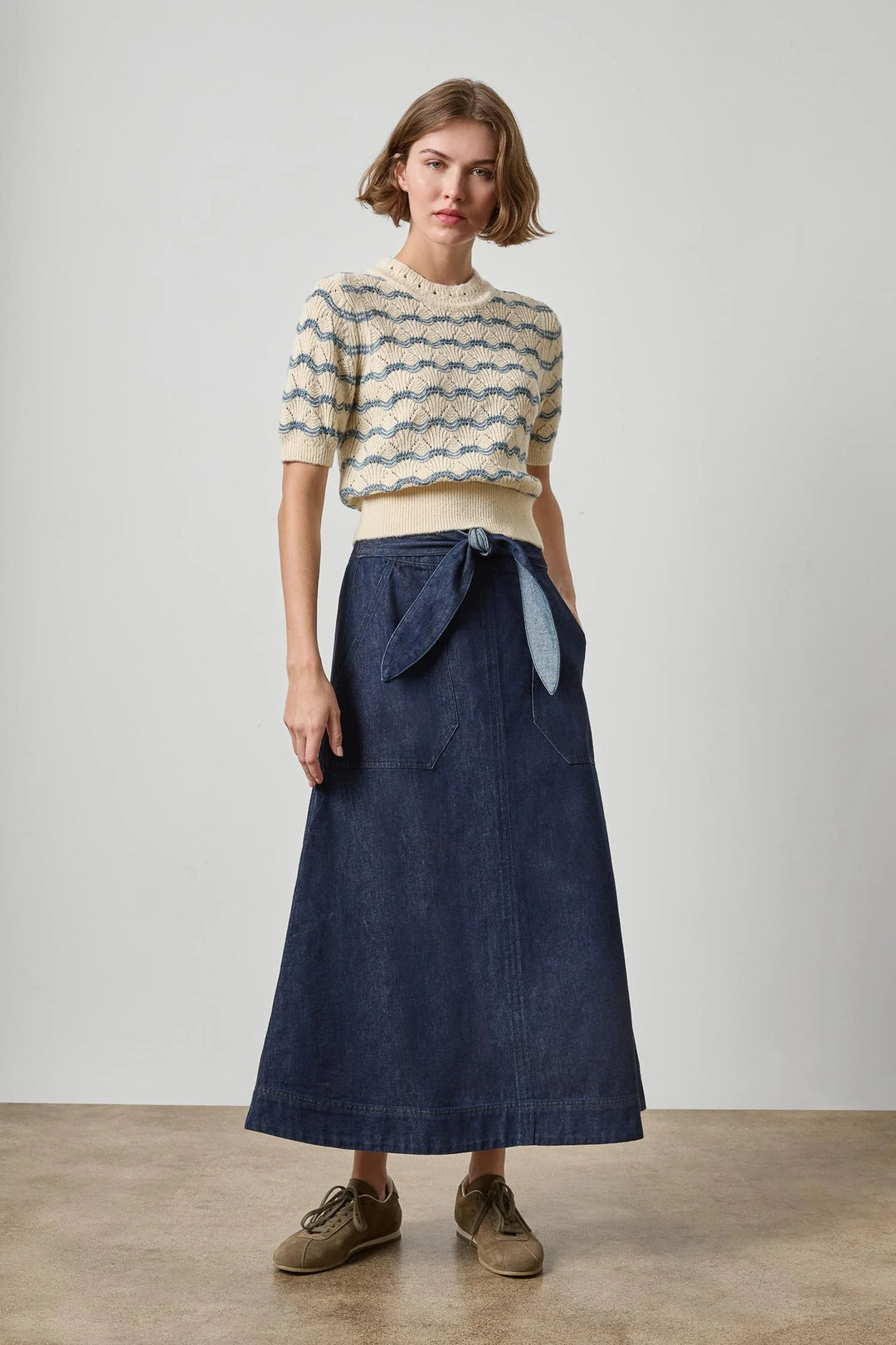 BELTED POCKET FRONT SKIRT (DARK WASH BLUE) - LILLA P