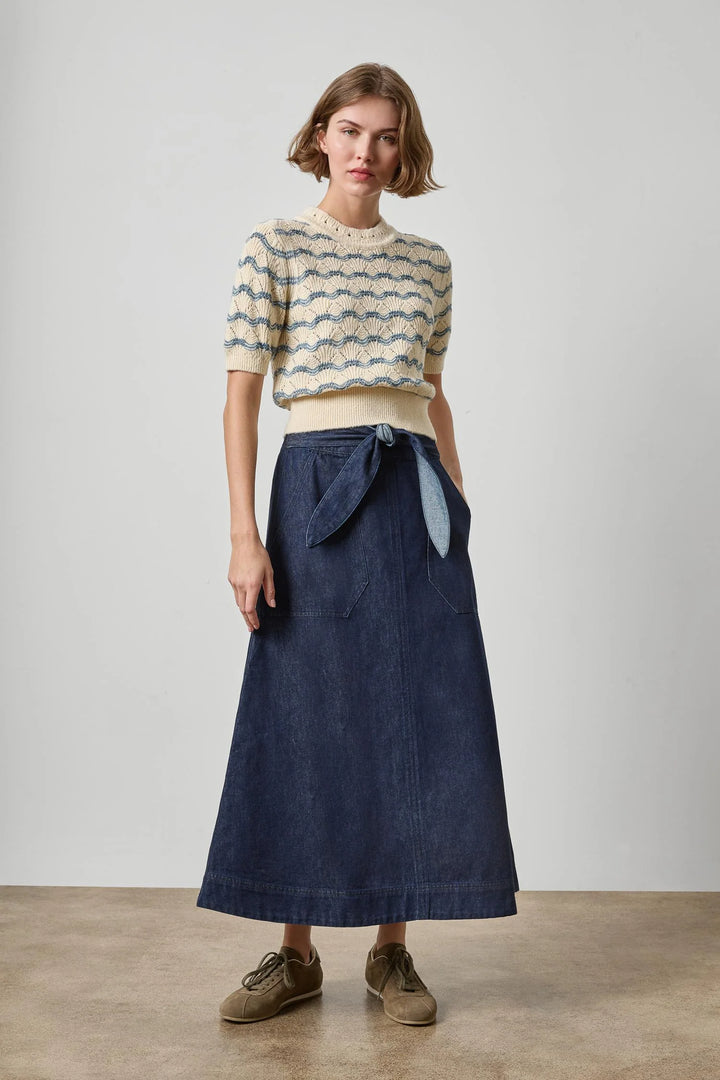 BELTED POCKET FRONT SKIRT (DARK WASH BLUE) - LILLA P