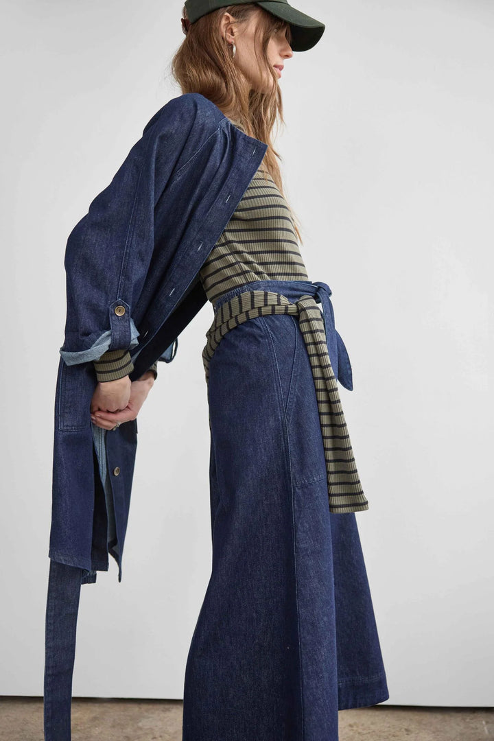 BELTED POCKET FRONT SKIRT (DARK WASH BLUE) - LILLA P