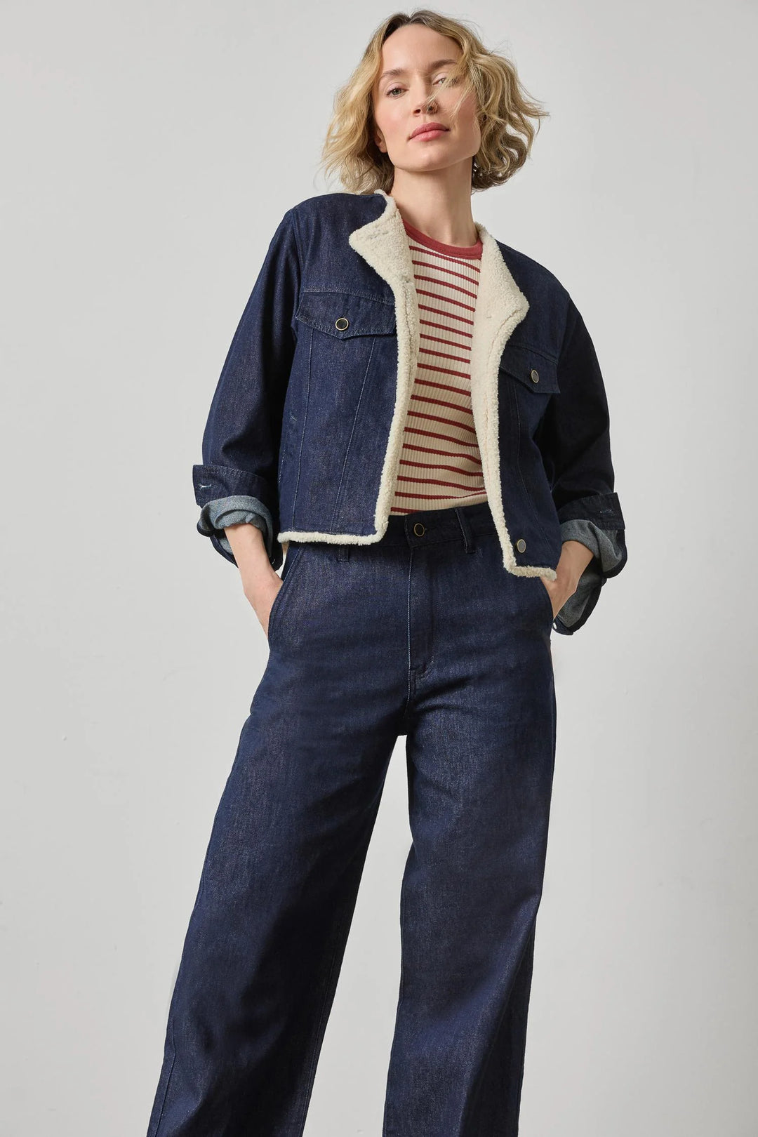 SHERPA LINED JEAN JACKET (DARK WASH BLUE) - LILLA P