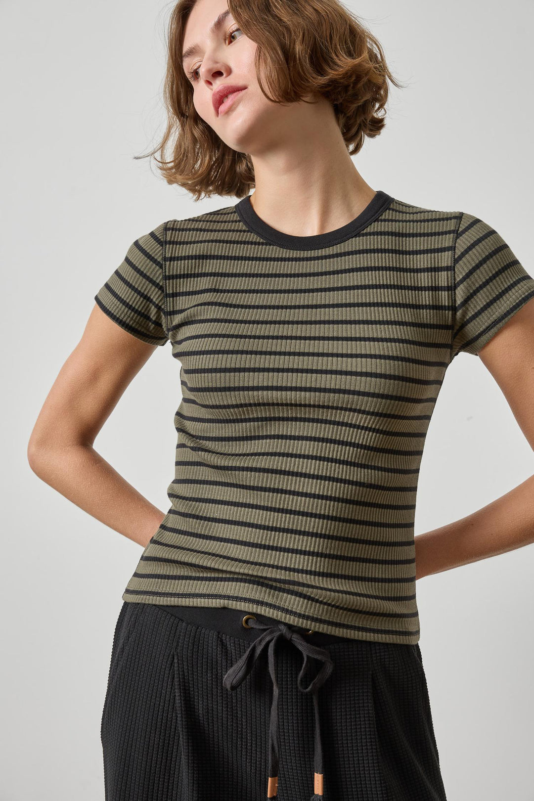 RIBBED SHORT SLEEVE CREW (OLIVE STRIPE) - LILLA P