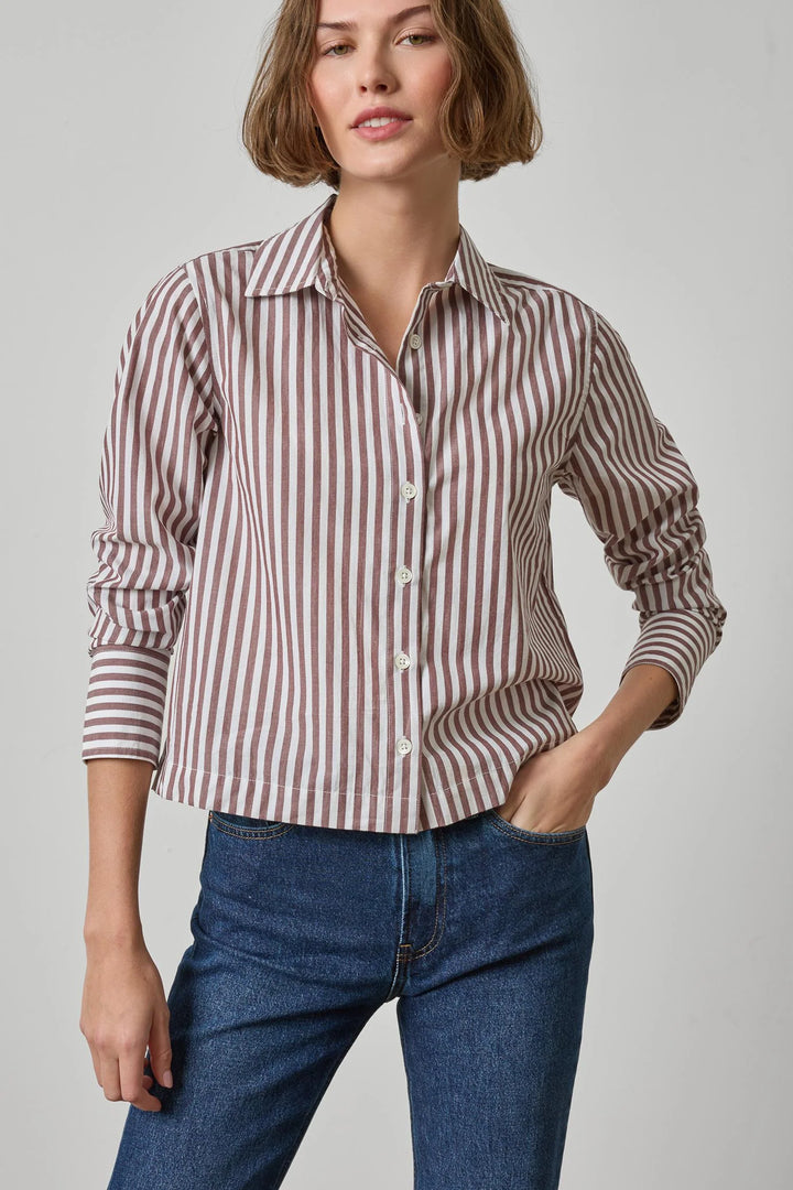 STRAIGHT FIT SHORT BUTTON DOWN (CHESTNUT STRIPE) - LILLA P