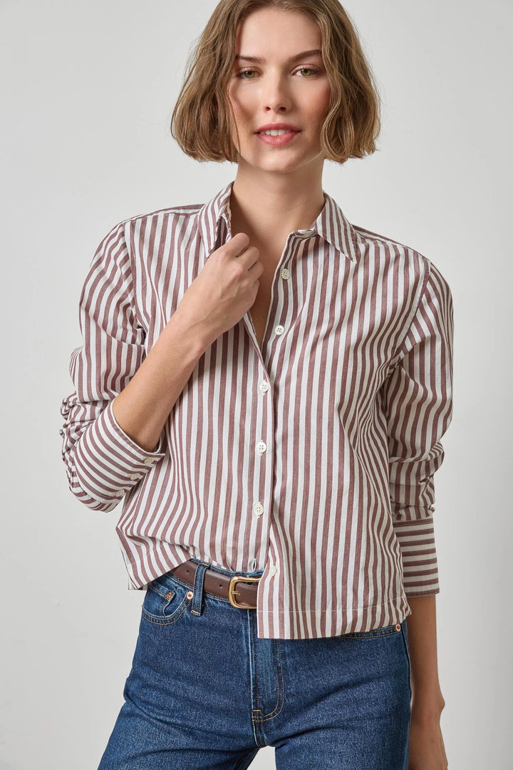 STRAIGHT FIT SHORT BUTTON DOWN (CHESTNUT STRIPE) - LILLA P