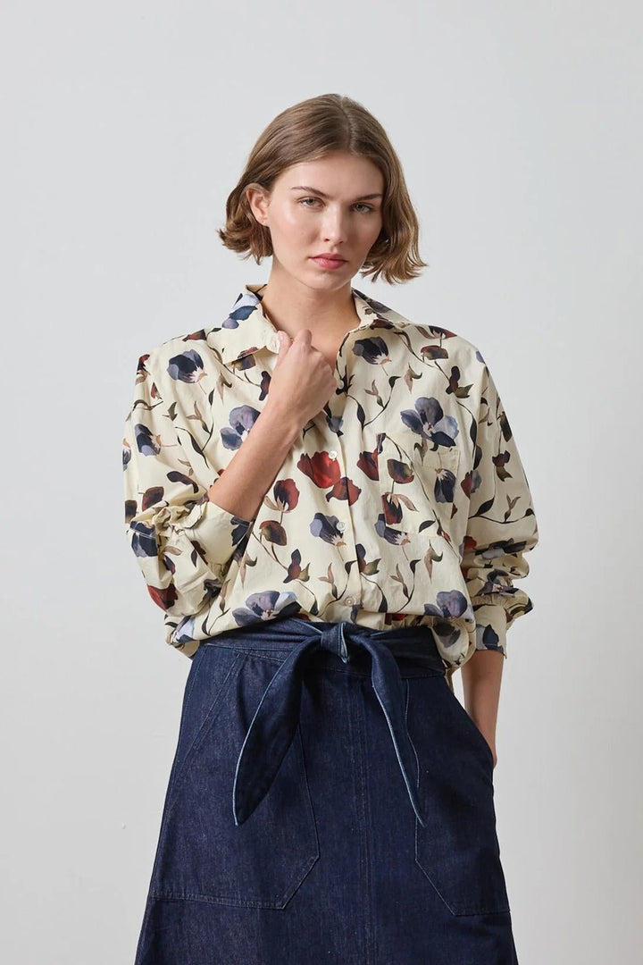 DOLMAN SLEEVE BUTTON DOWN SHIRT (BLUE POPPY PRINT) - LILLA P