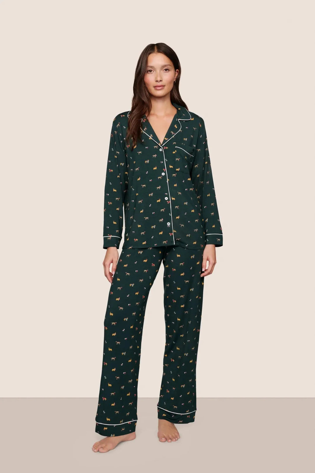 GISELE PRINTED LONG PJ SET (HOLIDAY DOGS PINE/IVORY) - EBERJEY