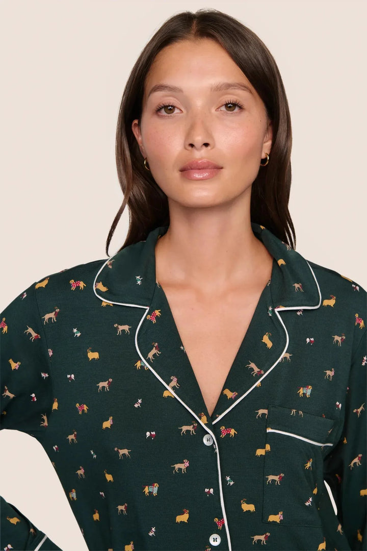 GISELE PRINTED LONG PJ SET (HOLIDAY DOGS PINE/IVORY) - EBERJEY