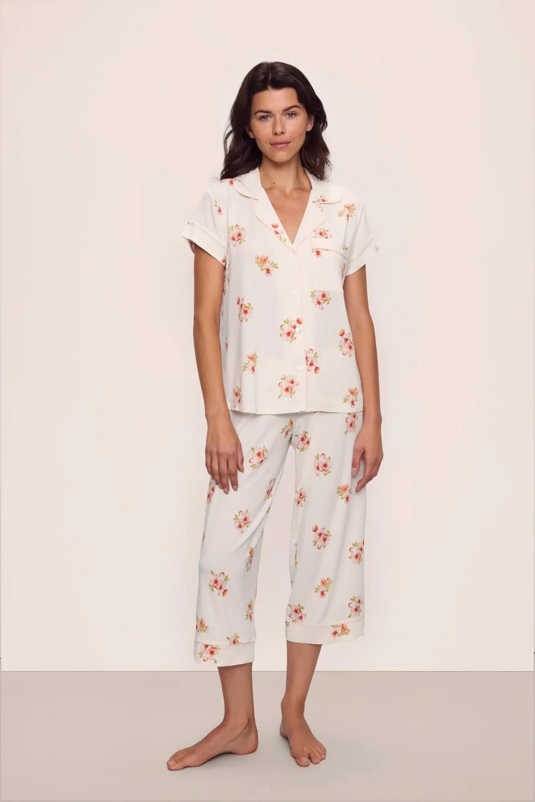 GISELE PRINTED SHORT SLEEVE CROP PJ SET (FLORAL BLOOM/VANILLA) - EBERJEY
