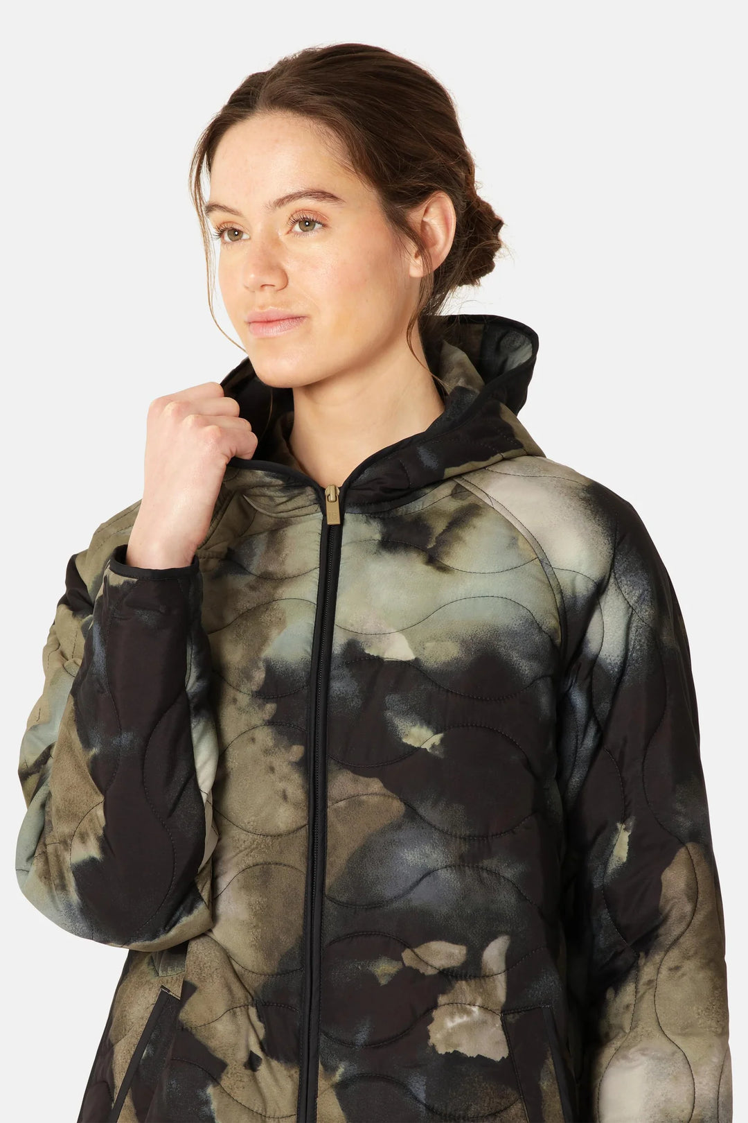LONG QUILT JACKET W/ HOOD (MOSS PRINT) - ILSE JACOBSEN