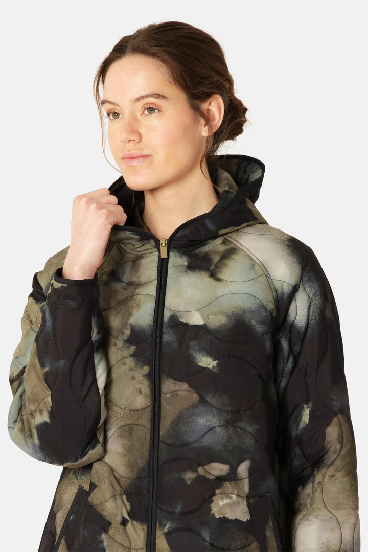 LONG QUILT JACKET W/ HOOD (MOSS PRINT) - ILSE JACOBSEN