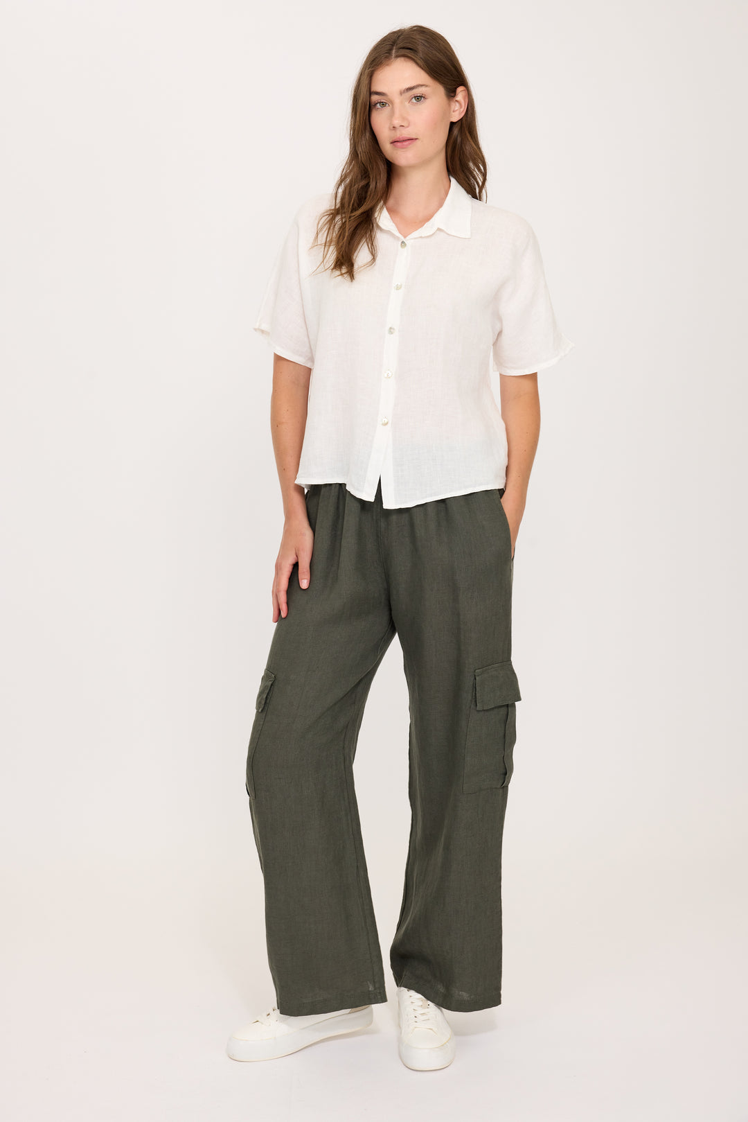 SHORT SLEEVE LINEN  BUTTON BLOUSE (WHITE) - PISTACHE