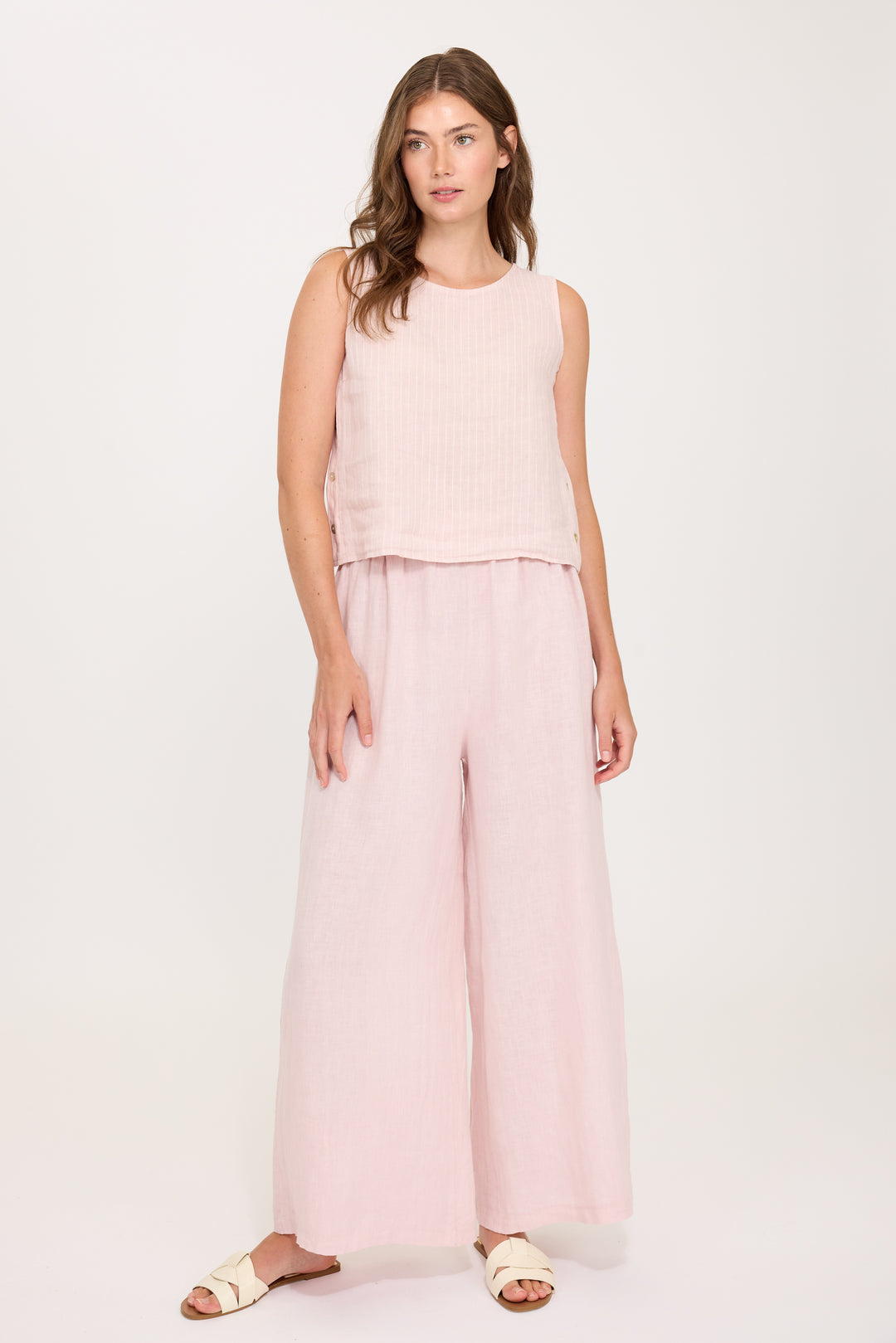 PINSTRIPE SLEEVELESS LINEN TOP W/ BUTTON SIDES (PINK MIST) - PISTACHE