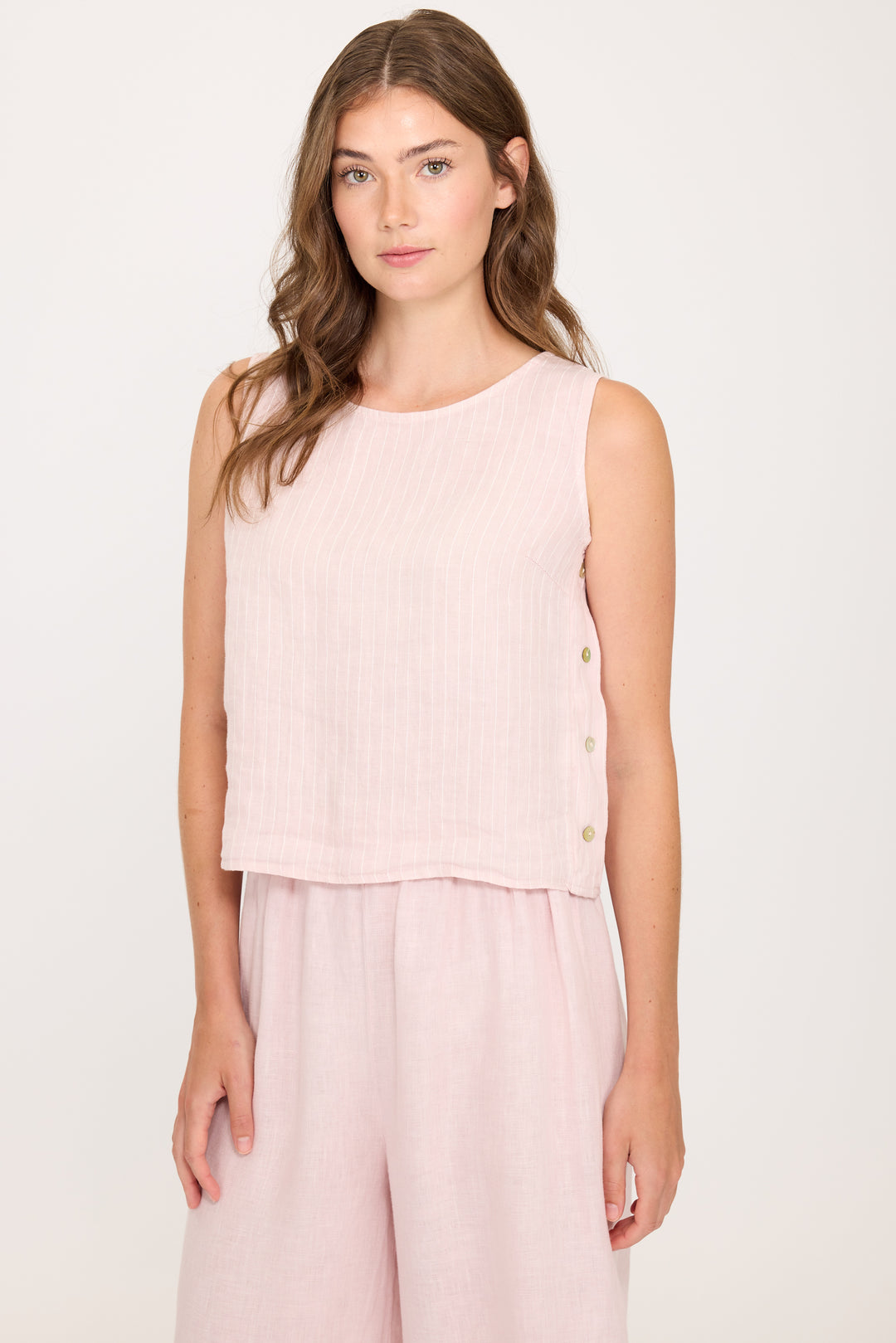 PINSTRIPE SLEEVELESS LINEN TOP W/ BUTTON SIDES (PINK MIST) - PISTACHE