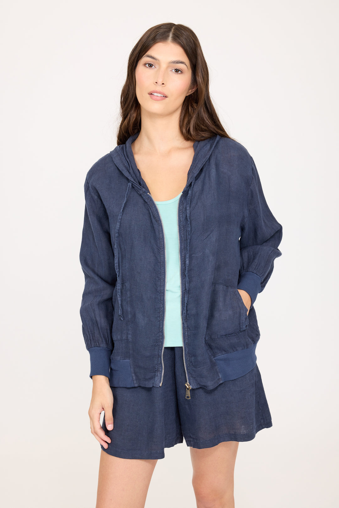 LINEN HOODED JACKET W/COTTON TRIM (MIDNIGHT NAVY) - PISTACHE