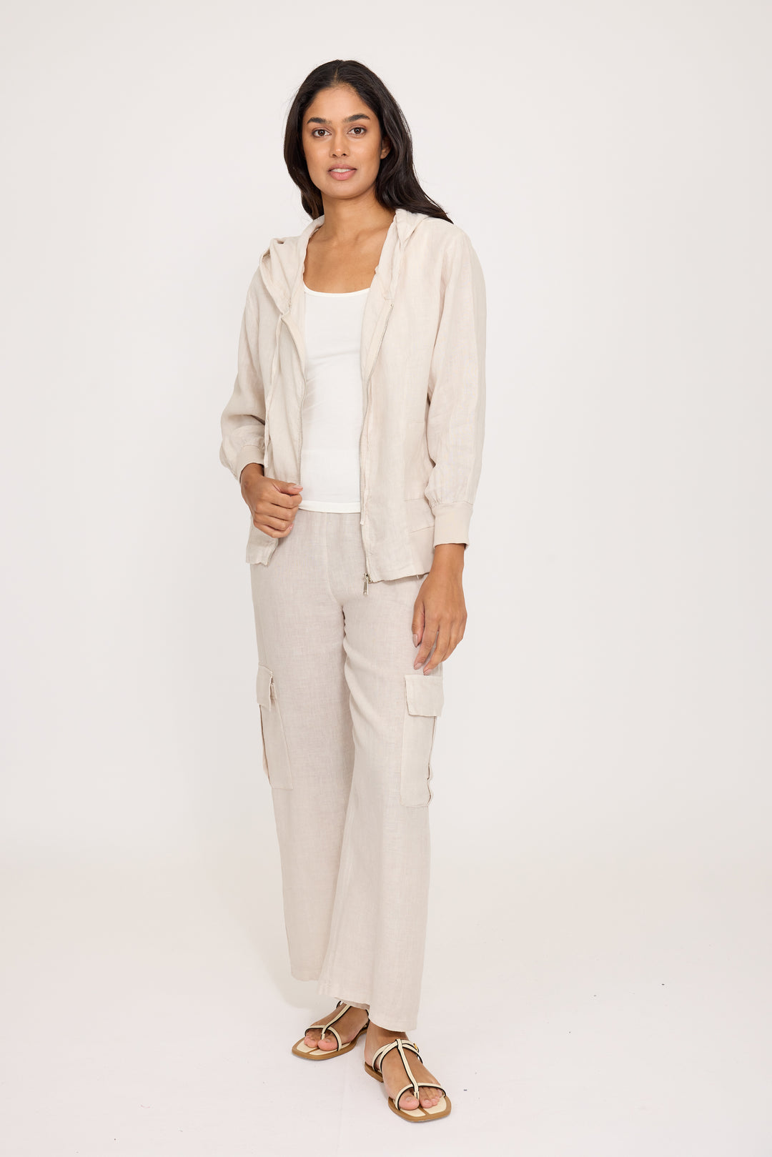 LINEN HOODED JACKET W/COTTON TRIM (BEIGE) - PISTACHE