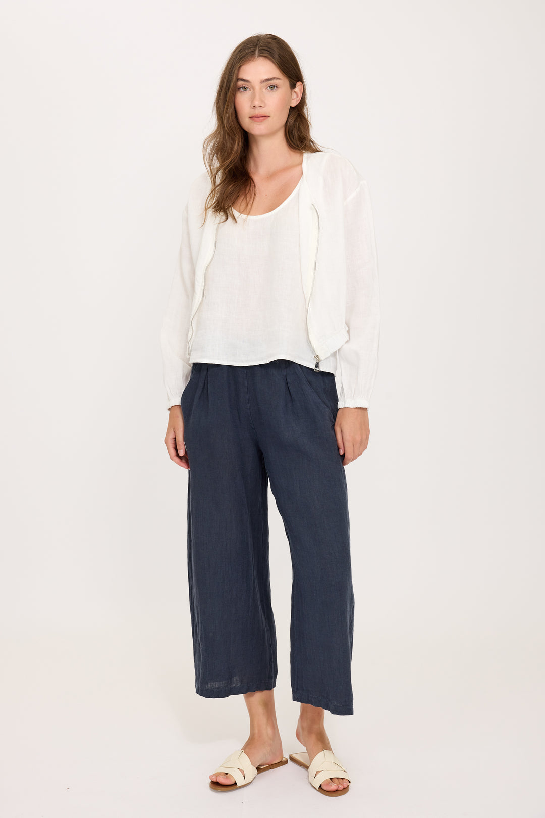 LINEN ZIPPERED JACKET (WHITE) - PISTACHE