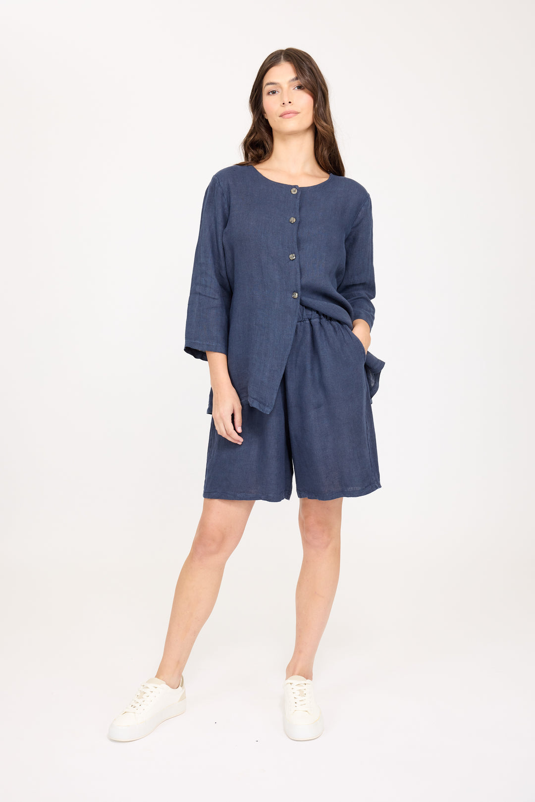 LINEN BERMUDA SHORTS (MIDNIGHT NAVY) - PISTACHE