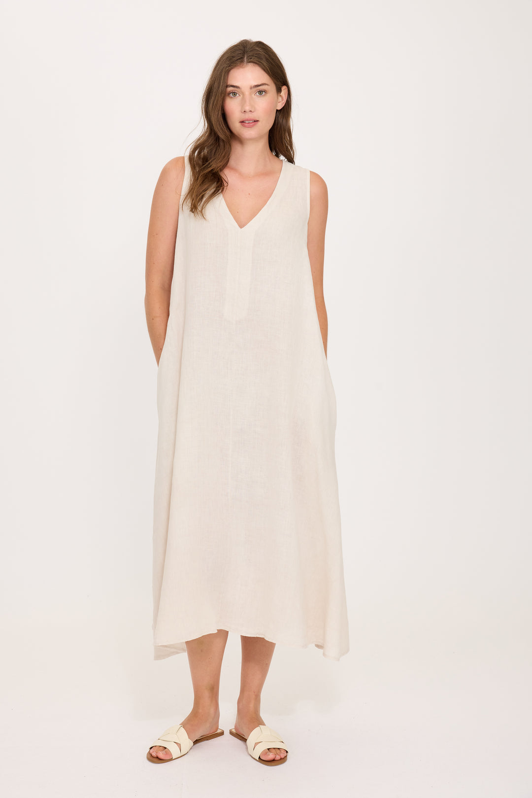 MIDI LINEN SLEEVELESS DRESS (SUMMER BEIGE) - PISTACHE
